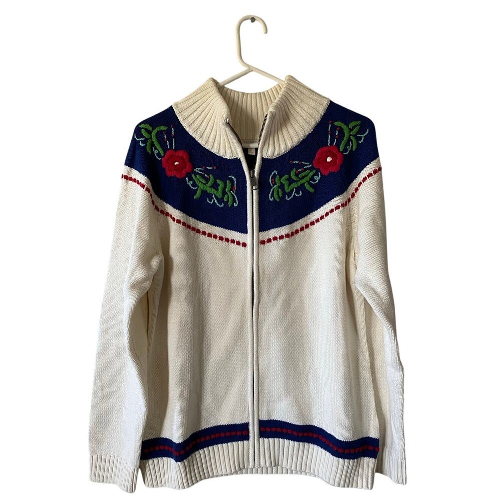 Talbots Nordic Floral Embroidered 100% Cotton Mock Neck Zip Cardigan- Size L NWT